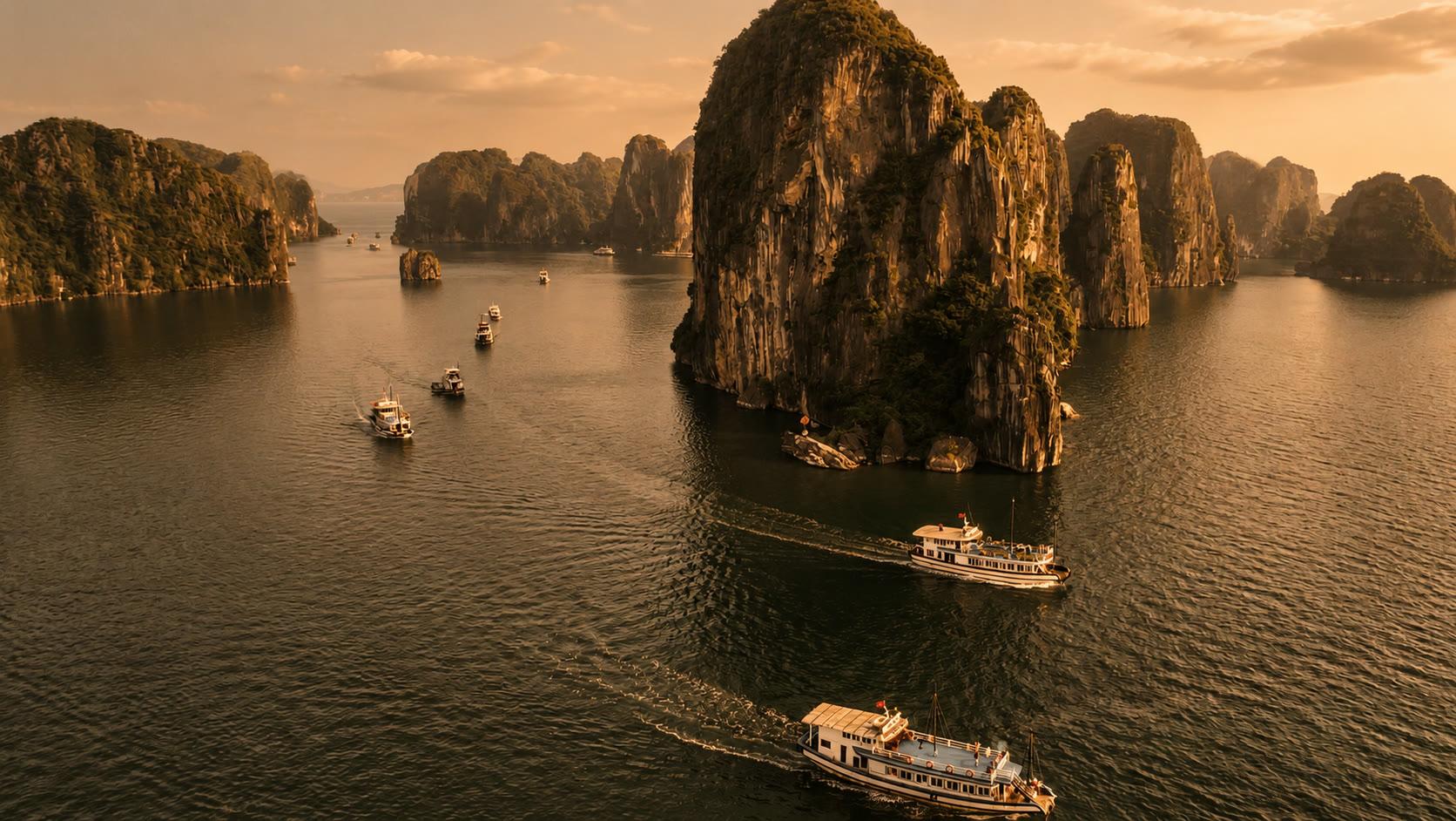 Limestone islands and traditional boats at sunset
