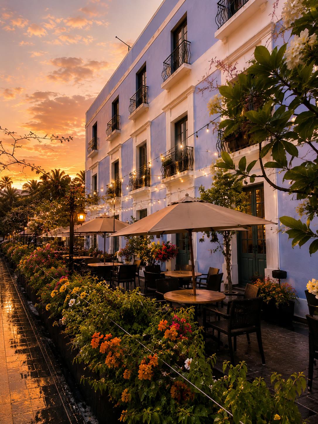 Caleta del Vino at sunset in Old San Juan, with string lights and outdoor terrace seating